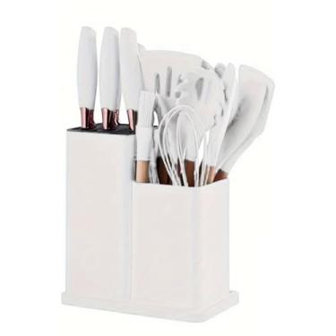 Imagem de Kit Utensílios De Cozinha De Silicone 19 Peças Antiaderente Com Facas Em Inox Organizador Tábua Tesoura (Branco)