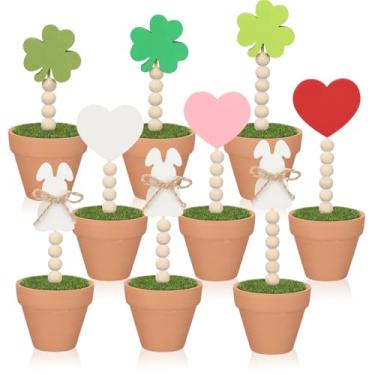 Imagem de FoldTier Conjunto de 12 vasos de plantas artificiais intercambiáveis para decoração sazonal dos namorados, trevo da sorte, coelhinho da Páscoa, placa de madeira, musgo falso, decoração de mesa de