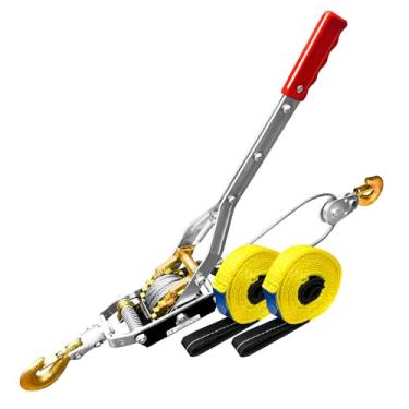 Imagem de FITHOIST Come Along Chain Winch Ratchet Tool 5T Heavy Duty 3 Ganchos Cabo de aço Extrator de potência de engrenagem dupla Duas correias de elevação de 2,5 cm x 8FT Cabo de guincho manual Guincho