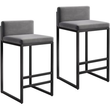 Imagem de Conjunto De 2 Banquetas De Bar De Veludo Para Café Da Manhã Com Encosto - Pernas De Metal Preto, Apoio Para Os Pés, Banquetas De Balcão Para Pub, Bar, Cafeteria - Al, White, Seat Height 45cm