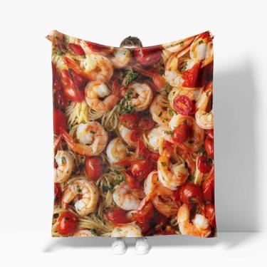 Imagem de Cobertor de macarrão, macio, quente, aconchegante, frutos do mar, camarões, massas, cobertores, felpudo, lã, massa, camarão, presentes para sofá-cama, sofá, decoração de casa, 101 x 127 cm