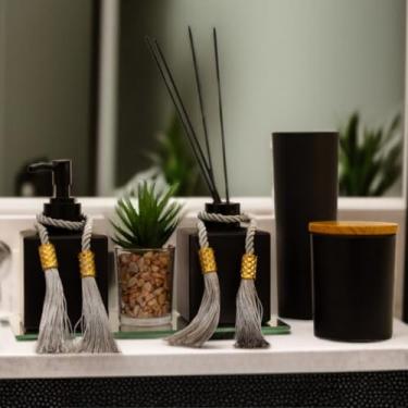 Imagem de Kit lavatório de vidro com difusor de aroma, sabão de vidro e decoração 10 peças(Preto)