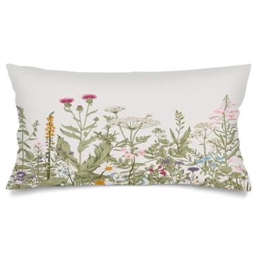 Imagem de Capas de almofada lombar primavera 50 x 1011 cm, capa de travesseiro floral longo para cama, verde sálvia flores silvestres planta king size fronha com fecho de envelope capa de almofada decorativa de