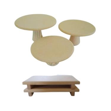 Imagem de Kit Boleira Festa E Bandeja, Kit Trio Boleira Cogumelo Suporte Doce E 2 Bandejas em Mdf para Festa de Aniversario(cru)