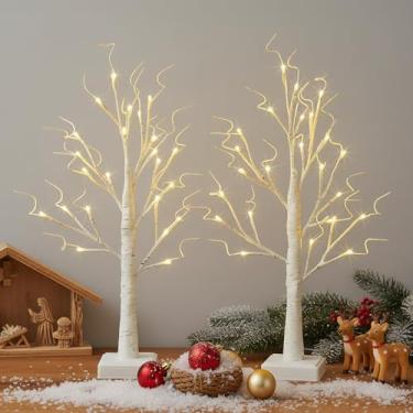 Imagem de BHGNEJN Árvore de bétula branca com luzes LED, árvore de Natal pequena de 60 cm com temporizador, operada por bateria/USB, decoração de mesa de Natal para uso interno (2, bétula branca com 24 luzes