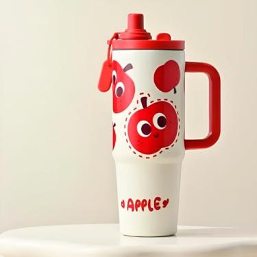 Imagem de Copo Térmico Dupla Parede com Canudo, 900ml, Branco e Vermelho, Aço Inox/Plástico, Tampa Vedante, Design Divertido, 23.5cm Altura