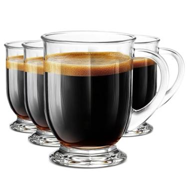 Imagem de NBABSR Conjunto de 4 canecas de café de vidro transparente com colher, copos grandes de cerveja de vidro transparente de 473 ml com alça para bebidas quentes, chá, cappuccino, latte, expresso, suco