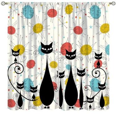 Imagem de Fblifil Cortina moderna para gatos de meados do século, diamantes atômicos Sputnik, preto, retrô, abstrata, geométrica, década de 1950, 1960, cortinas de janela para quarto e sala de estar, 106,7 cm L