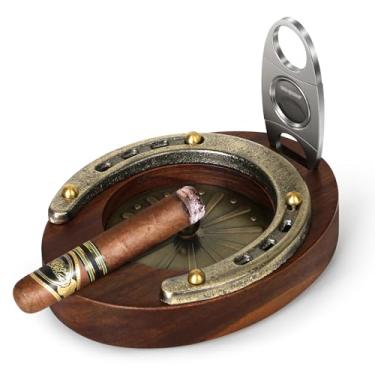 Imagem de SEMKONT Cinzeiro de charuto, cinzeiro portátil de madeira em ferradura com cortador, junta antiqueimadura de liga de zinco, slot e suporte para charutos para casa, escritório, bar e exterior (cinzeiro