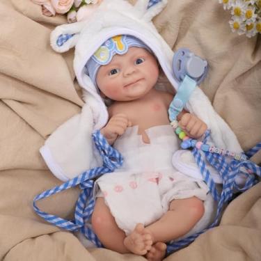 Imagem de Bebê Reborn Boneco Menino de Silicone Sólido Suave Olhos Azuis 40cm Pode Tomar Banho