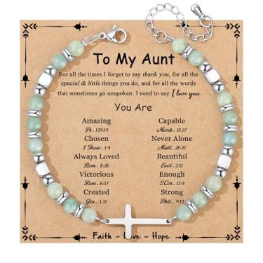 Imagem de JoycuFF Presentes Cristãos para Mulheres Pulseira Cruzada Fé Páscoa Católica Religiosa Joias Cristãs, Batismo Significativo Comunhão Contas Naturais Pulseiras, 7, Sem Pedra Preciosa