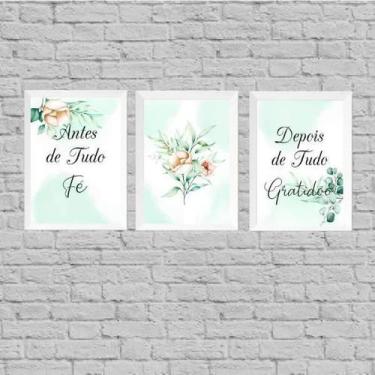 Imagem de Kit 3 Quadros Fé E Gratidão Floral Suave 45X34Cm - Quadros On-Line