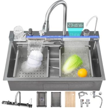 Imagem de Ribanedy Pia de cascata com tela digital inteligente de 80 cm, pia de cozinha moderna de aço inoxidável 304 com 5 modos de saída de água, torneira de puxar em cascata, arruelas de copo e conjunto de