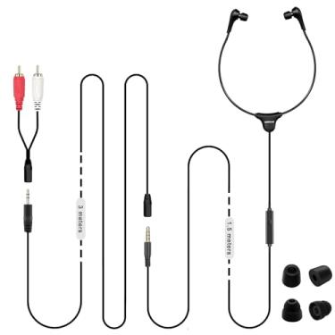 Imagem de SIMOLIO Fone de ouvido de TV com fio antiqueda com controle de volume, fone de ouvido de cabo extra longo com microfone para TV, PC, RCA e cabo de 3,5 mm incluídos, cabo de extensão de 4,5 m, pontas