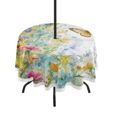 Imagem de ATTX Toalha de mesa redonda com flores e borboletas – 152 cm, impermeável, à prova de derramamento, uso interno/externo, com orifício para guarda-chuva com zíper para acampamento, piquenique, praia