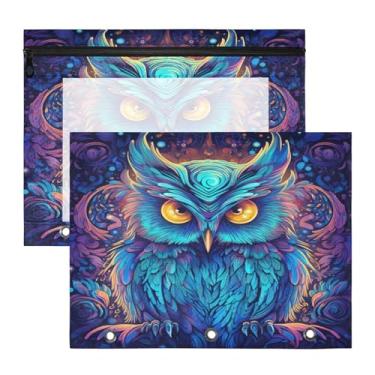 Imagem de ATTX Pacote com 2 bolsas de fichário de coruja neon – Bolsa impermeável com zíper de 3 anéis com janela transparente, acessórios de material de escritório para estojos de lápis e organizador de