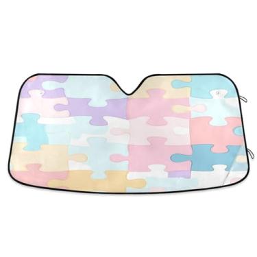 Imagem de ATTX Pára-brisas de carro com padrão de quebra-cabeça colorido pastel 139.7 cm x 70.1 cm escudo solar universal com proteção UV, persiana de janela frontal automática dobrável para caminhões Sedans