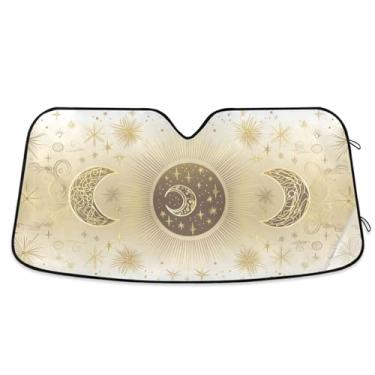 Imagem de ATTX Golden Sun and Moon Para-brisa de carro 139.7 cm x 70.1 cm Protetor solar universal com proteção UV, persiana de janela frontal automática dobrável para caminhões Sedans SUVs #139