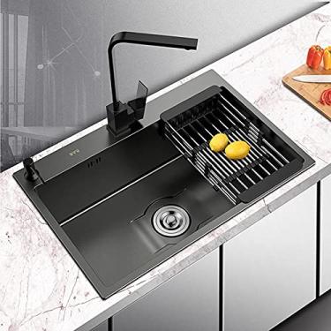 Imagem de HGTRH Pia de cozinha preta com torneira, pia embutida com escorredor de drenagem, pia de cozinha sem transbordamento pia de cozinha com conjunto dispensador de sabão sifão montagem sobre superfície