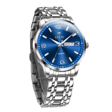 Imagem de Taxau Relógio masculino à prova d'água, luxuoso, minimalista, analógico, quartzo, com data, dia, aço inoxidável, casual, clássico, prata, relógio masculino com escala luminosa e ponteiros para hombres
