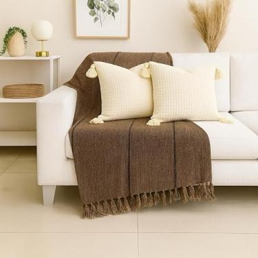 Imagem de Manta Capa para Sofá Gigante XGG 240x180 cm - 100% Algodão, Com Franjas, Proteção e Decoração Luxuosa para Sofá de Casal ou 3 Lugares (Chocolate com listrado preto)