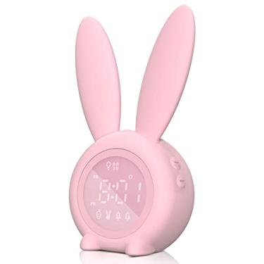 Imagem de Despertador infantil – Despertador digital, iluminação ambiente regulável, design de coelho fofo, 5 toques – recarregável, perfeito para quartos