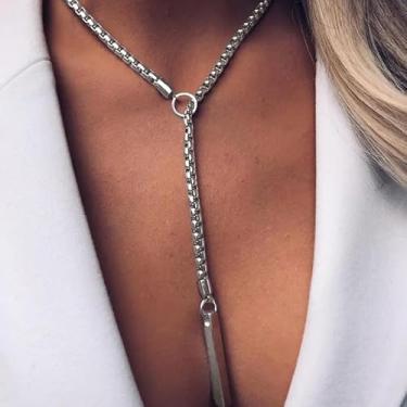 Imagem de 1 colar retrô geométrico estilo hip-hop, aço inoxidável, prata em forma de Y, perfeito para uso diário feminino, encontros, bailes, festas e celebrações de Halloween.