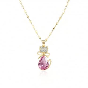 Imagem de Zurlcdye Colar de gato com laço para mulheres, strass rosa, gota dourada, delicada, charmoso, corrente moderna, aniversário, dia dos namorados, acessórios para presentes, Aço inoxidável, Sem Pedra
