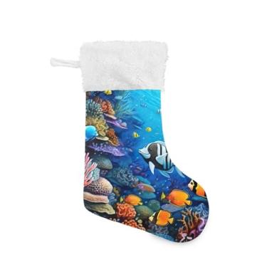Imagem de Wassud Meias de Natal coloridas de recife de peixe grandes meias de Natal 45,7 cm com punho branco pendurado decoração de férias pacote com 2