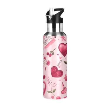 Imagem de Wassud Garrafa de água de aço inoxidável com corações e folhas, garrafa de água com isolamento de palha, copo portátil para viagem, 946 ml