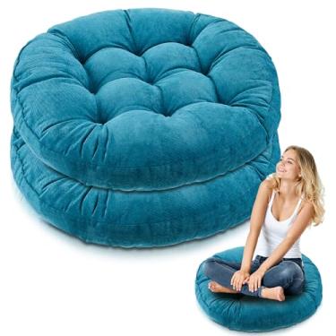 Imagem de Jerify Almofadas de chão 55 x 55 cm redondas quadradas grandes almofadas de chão para sala de aula adulto meditação piquenique festa almofada para assento presente de Natal (redondo, água-marinha, 2