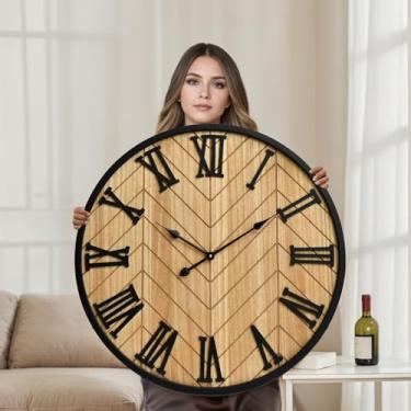 Imagem de EMAX HOME Relógio de parede grande de 61 cm estilo fazenda - marrom silencioso sem tique-taque decoração rústica para sala de estar, cozinha, quarto