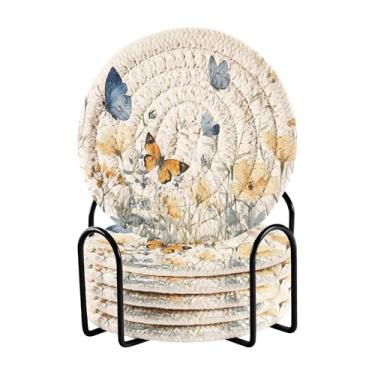 Imagem de SEHANY Elegante conjunto de 6 porta-copos de flores de borboleta com suporte, porta-copos redondos absorventes de algodão resistente ao calor para mesa de jantar, canecas de café, 10 cm