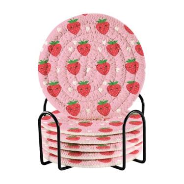 Imagem de SEHANY Conjunto de 6 porta-copos fofos de morango com suporte, porta-copos redondos absorventes de algodão resistente ao calor para mesa de jantar, canecas de café, proteção de copos, 10 cm
