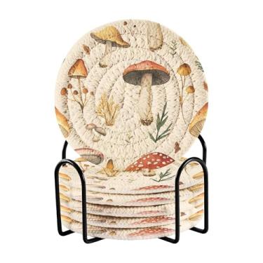 Imagem de SEHANY Conjunto de 6 porta-copos de cogumelos florestais com suporte, porta-copos redondos absorventes de algodão resistente ao calor para mesa de jantar, canecas de café, 10 cm