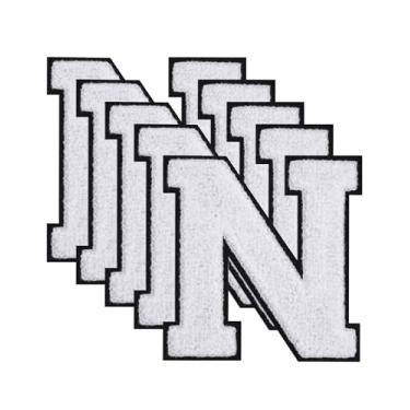 Imagem de GBTBYS 5 peças de adesivos de letras universitárias de 11,4 cm branco chenille ferro em letras patch para mochilas, aplique bordado, jaqueta com capuz, bolsas de Natal, festa de aniversário N