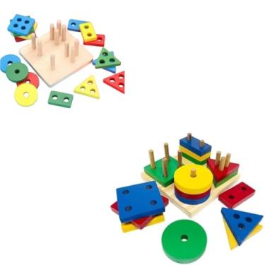 Imagem de Jogo de Blocos Coloridos em Madeira, 17 Peças, Multicolorido, 4 Formas e Colorido, 11,5x11,5x4,5cm, para Crianças a partir de 3 Anos