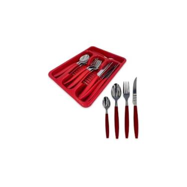 Imagem de Jogo de Talheres Faqueiro Aço Inox com Gaveteiro, 25 Peças, Vermelho, Cabos em Polipropileno, Porta Talheres Organizador