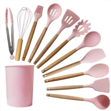 Imagem de Kit Utensílios de Cozinha Silicone e Bambu 12 Peças Antiaderente Resistente ao Calor – Colher, Espátula, Concha e Pincel Gourmet(Rosa)