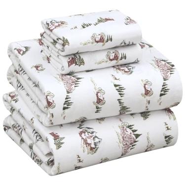 Imagem de Ruvanti 4 peças de lençóis de flanela 100% algodão cinza marrom xadrez Queen, bolso profundo, quente, super macio, respirável, absorvente de umidade, inclui 1 lençol de cima, 1 lençol de elástico, 2 fronhas.