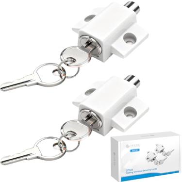 Imagem de eSynic Pacote com 2 fechaduras resistentes para portas deslizantes e janelas com chaves - Trava de segurança de liga de zinco de ajuste universal para portas de pátio/francês, instalação dupla