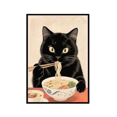 Imagem de Arte de parede em tela de gato preto engraçado vintage japonês gato comendo ramen imagem única amante de gatos para decoração de parede de cozinha e sala de jantar (SKU1,40.6x60 cm), moldura preta