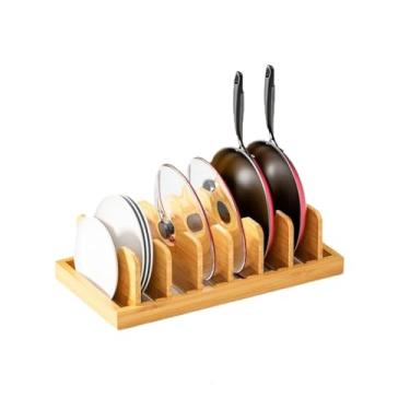 Imagem de QRZLP Organizador de tampa de panela de bambu, organizador de panelas e frigideiras para armários e bancadas de cozinha, suporte para tampas de panelas, frigideiras, tábuas de corte, pratos de jantar.