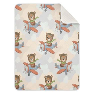 Imagem de Qilmy Cobertor de bebê de avião e urso 76 x 101 cm, cobertor infantil de algodão macio para meninos e meninas, cobertor leve e quente para bebês de berço, carrinho de bebê, soneca, recém-nascido