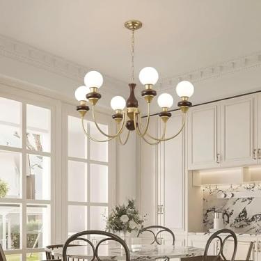 Imagem de Lustre moderno de vidro, luminária pendente vintage em formato de globo, dourada, em madeira, estilo nórdico, semi-embutida, para teto, ilha de cozinha, estilo Sputnik, para sala de estar, s