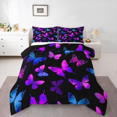 Imagem de Feelyou Jogo de cama solteiro com estampa de insetos, estampa de borboleta, para crianças, meninos, meninas, quarto, fantasia, decoração neon roxo, azul, ultramacio, respirável