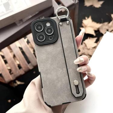 Imagem de IRTGFG Capa de couro macio com alça de mão para iPhone 16 Pro Max, suporte de anel, pulseira fosca, suporte para celular (para iPhone 16 Pro Max/cinza claro)