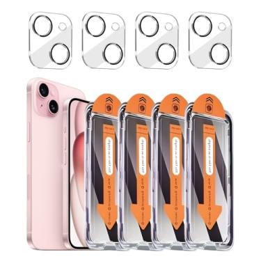 Imagem de Pacote com 4+4 protetores de tela de privacidade para iPhone 15 com protetor de lente de câmera cobertura total, película de vidro temperado anti-espião, dureza 9H, fácil instalação, sem bolhas [6,1