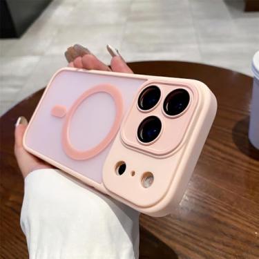 Imagem de Capa protetora magnética delicada para câmera, compatível com iPhone 17, 16, 15, 14, 13, 12, 11 Pro Max e Plus, com carregamento sem fio, rosa.