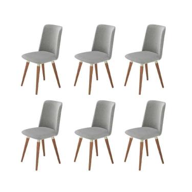 Imagem de Kit de 6 Cadeiras de Madeira Maciça Estofada Dakota - Natural c/ Linho Cinza - Champanhe